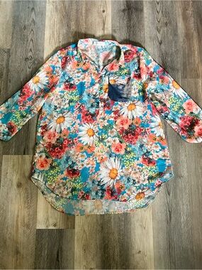 Simply Couture Pink and Blue Floral Blouse with Denim-Style Trim